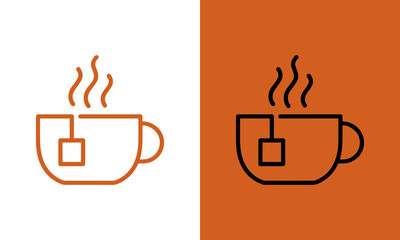 Minimalist line art icon of a hot teacup with a tea bag and steam rising