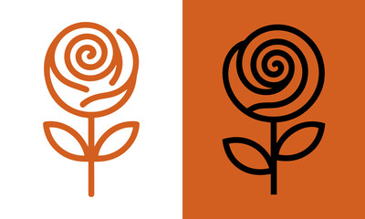 Minimalist line art rose flower icon with spiral petals and stem in two color variations