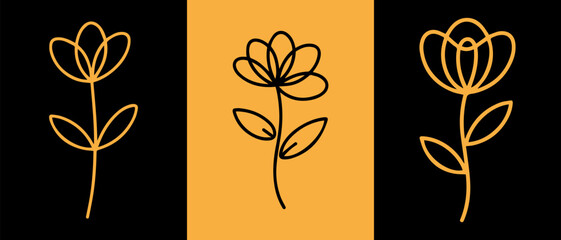 Minimalist continuous line art flowers in black and yellow aesthetic design