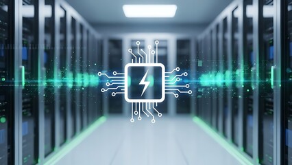 server room with computer circuit board and lightning bolt symbol on microchip in data center  high tech computing and data storage facility with rows of computer servers