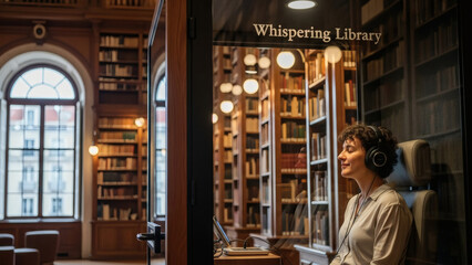 Woman wearing headphones sitting in Whispering Library surrounded by bookshelves and warm lighting