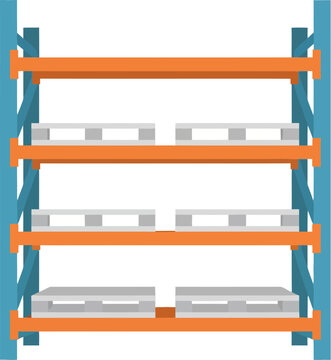 Blue and orange industrial warehouse pallet rack with empty grey pallets on three tiers.