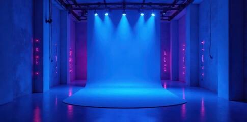 Blue studio backdrop; neon tunnel spotlight for product display , clean, minimal