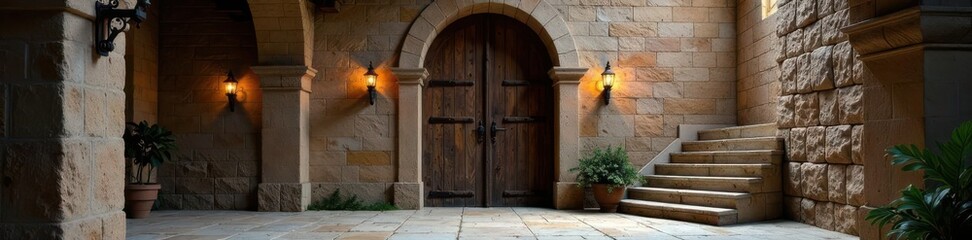 Ancient castle's weathered wooden doors, white staircase, torchlight , wood, dramatic