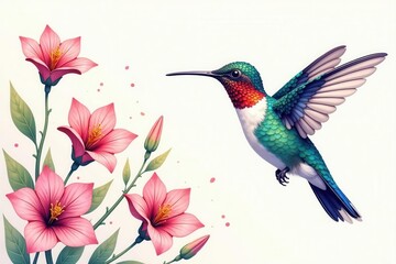 Continuous line hummingbird drawing, minimalist style, flying over flowers , bird, design element, exotic