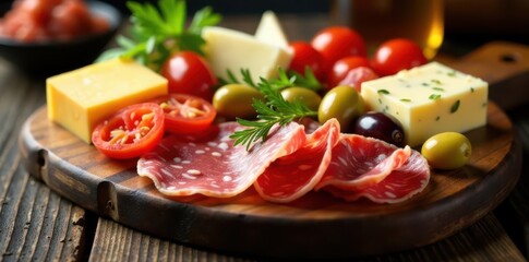 Delectable Italian antipasti selection Prosciutto, salami, cheese, olives , olives, delicious