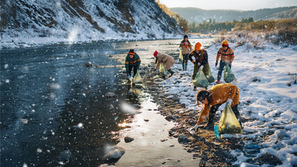 Environmental awareness scene, volunteers cleaning a snowy riverbank, winter nature, photorealistic, January 2026, community activity.