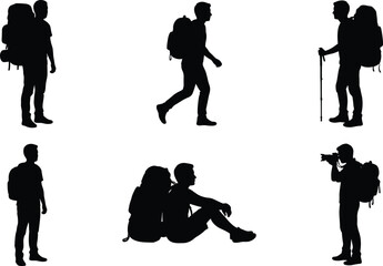 Obraz premium Backpacker traveler silhouettes set showing hiking walking resting and photography poses isolated black adventure people figures for tourism outdoor lifestyle travel design use