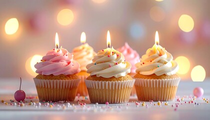 Several cupcakes with frosting and lit candles are arranged on a white surface, bokeh lights in the background