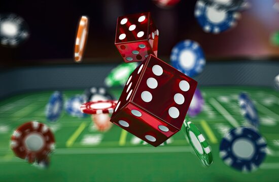 Casino-themed image with dice and chips floating over a green felt table