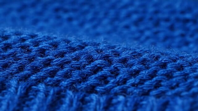 Close-up of richly textured, vibrant blue knitted fabric with visible threads and pattern