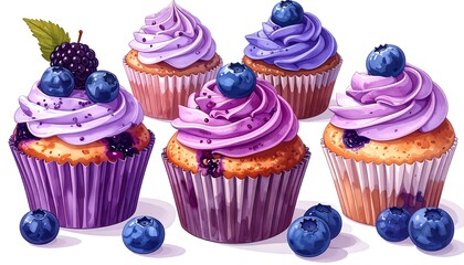 Several cupcakes with swirled purple frosting are arranged on a white backdrop, adorned with blueberries and a blackberry