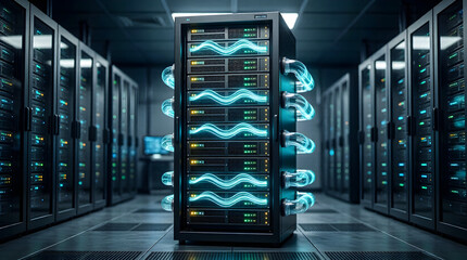 Server rack with liquid cooling in a futuristic data center - AI hardware and high-performance computing.