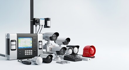 A security camera system with various components and accessories.