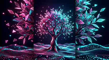 AI data tree with glowing particles - futuristic technology and machine learning background