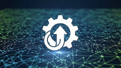 White gear icon with arrow and circular arrow on abstract network background with blue and green lines and nodes