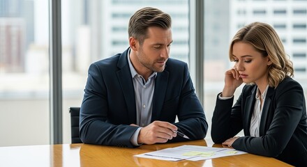 Two business professionals discussing a document in an office setting.