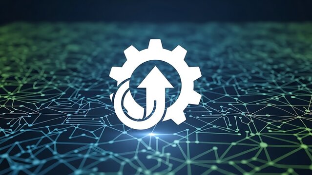 White gear icon with arrow and circular arrow on abstract network background with blue and green lines and nodes - Powered by Adobe