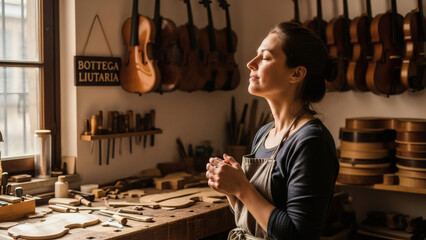 Woman in Luthier Workshop with Violins and Woodworking Tools