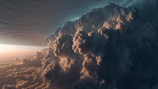 A massive storm cloud formation viewed from above with dramatic lighting effects