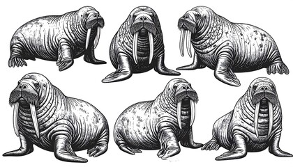 Several detailed illustrations of walruses in varying poses are arranged in a layout, showcasing their tusks and textured skin