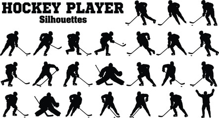 Collection of ice hockey player silhouettes showing skating shooting passing goalie and celebration poses isolated on white background vector illustration
