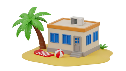 Cartoon Beach House with Palm Tree and Beach Ball