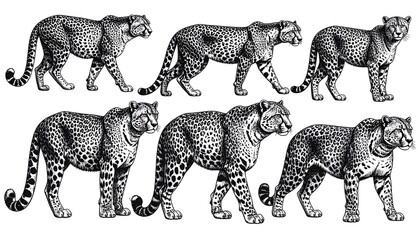 Several drawn big cats, featuring spotted patterns and long tails, stand or walk across the page. Black and white