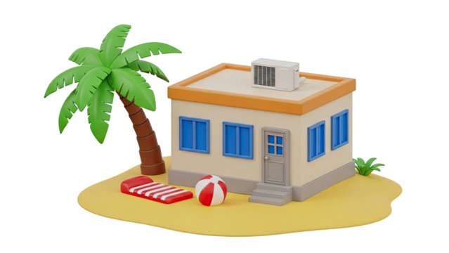 Cartoon Beach House with Palm Tree and Beach Ball - Powered by Adobe