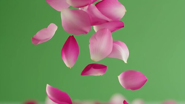 Beautiful pink rose petals falling against a vibrant green background, elegant footage