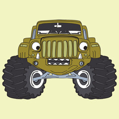 Green Cartoon Monster Truck Vector Illustration with Big Tires © Md