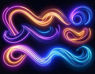 Several flowing, vibrant neon light trails in various shapes. Colorful lines against a dark starry background