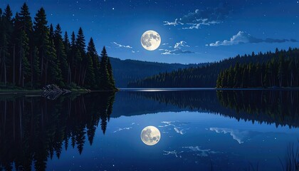 Serene nighttime vista over a tranquil lake, reflecting the bright full moon in the dark sky, framed by dense evergreen trees