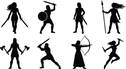 Obraz premium Female warrior silhouettes set showing armed women with swords shields axes bows and spears isolated black action poses for fantasy medieval RPG game design