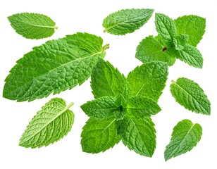 Several fresh, green mint leaves isolated against a white background, showcasing their natural texture and vibrant color