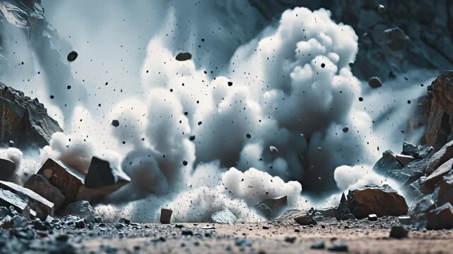 Massive explosion occurring in a rocky quarry with debris and smoke