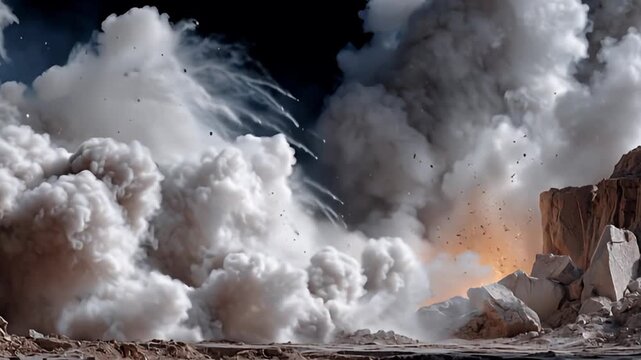 Massive Explosion Rocks Quarry Landscape with Debris and Dust