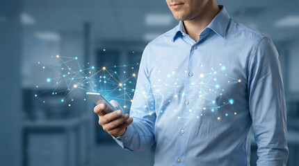 Man in blue shirt holding smartphone with digital network connections and glowing nodes symbolizing data exchange and communication technology