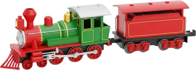 A colorful toy steam locomotive with a matching red coal tender featuring green and red painted details with silver accents and red wheels toy train classic vintage style transparent background