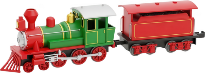 A colorful toy steam locomotive with a matching red coal tender featuring green and red painted details with silver accents and red wheels toy train classic vintage style transparent background