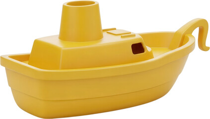 A bright yellow plastic toy boat with a tall smokestack and a curved handle designed with a simple rounded shape yellow boat water transport maritime nautical childs toy playful transparent background