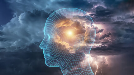 Obraz premium Digital wireframe head with glowing brain cloud and sun overlay against stormy sky with lightning, symbolizing thought, intelligence, and mental energy