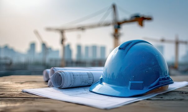 Blue safety helmet rests on blueprints with construction cranes and city skyline in the backdrop