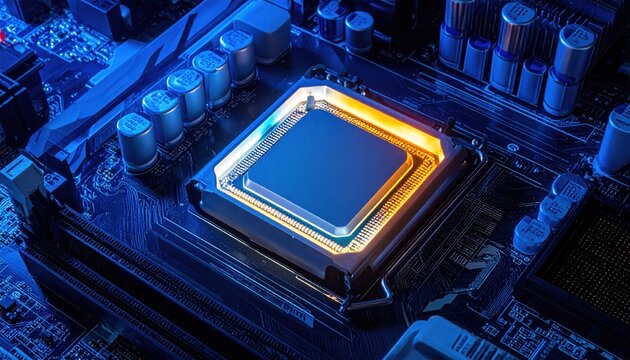 Close-up of a glowing computer processor on a motherboard with blue lighting.