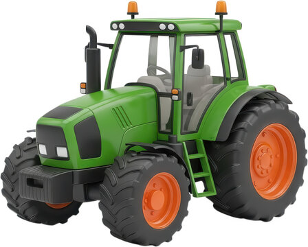 A modern green tractor with orange rims and flashing amber warning lights is depicted showcasing its robust tires and enclosed cabin farm vehicle agriculture vehicle machinery transparent background