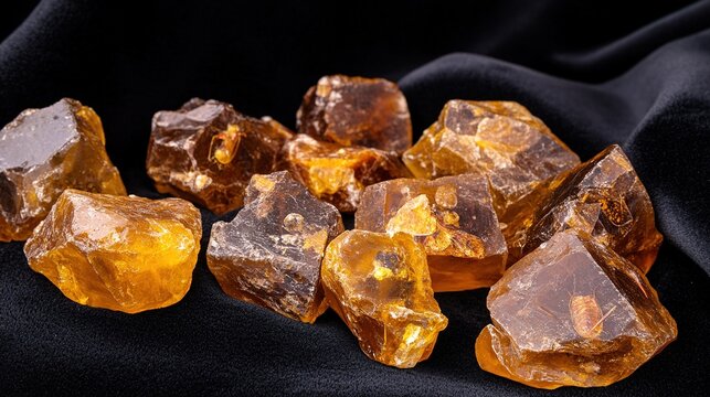 copal. Several raw amber copal resin pieces on black velvet with ancient inclusions. gardening catalogs, home-decor guides, designed for home decor and floral branding, used by video editors.