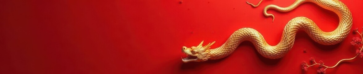 Golden serpentine form coils on vibrant red background Symbolic Chinese New Year imagery , spring, symbol, ornate