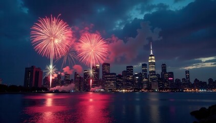 NYC skyline fireworks, dark blue sky, orange glow, river reflections, holiday, reflection