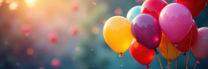 Multicolored balloons clustered against a blurred bokeh background , colorful, decor, birthday