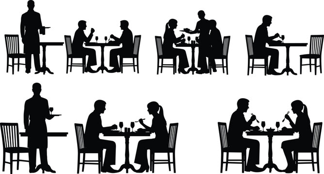 Restaurant dining silhouette set, flat vector illustration of people eating, drinking and waiter serving at tables, caf&eacute; and food service scene concept